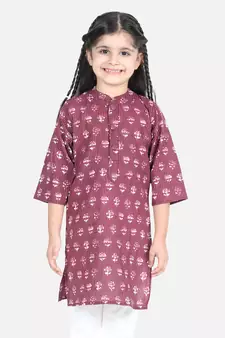 BownBee Block Print Cotton Kurta for Girls- Purple BownBee