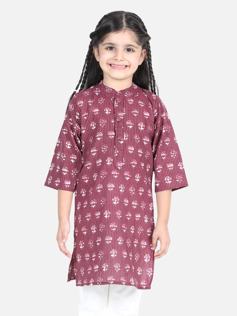 BownBee Block Print Cotton Kurta for Girls- Purple BownBee