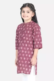 BownBee Block Print Cotton Kurta for Girls- Purple BownBee