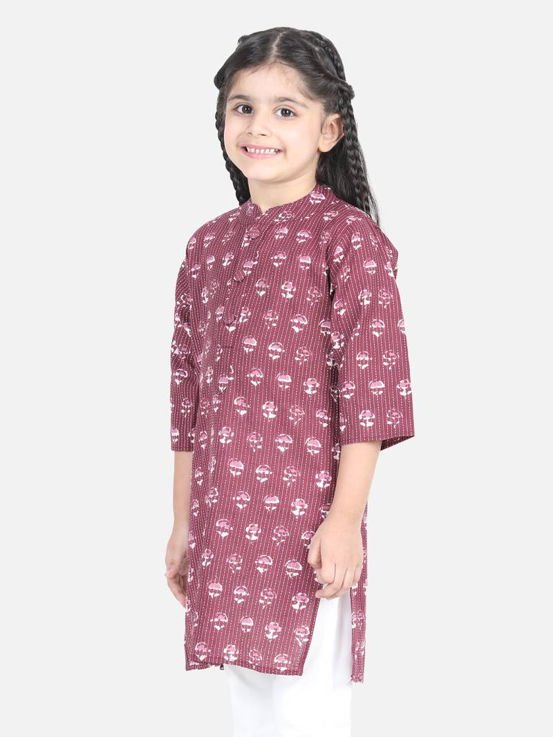 BownBee Block Print Cotton Kurta for Girls- Purple BownBee