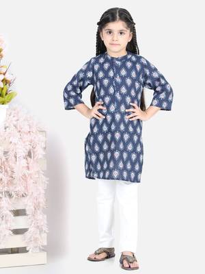 BownBee Block Print Cotton Kurta for Girls- Blue BownBee 1