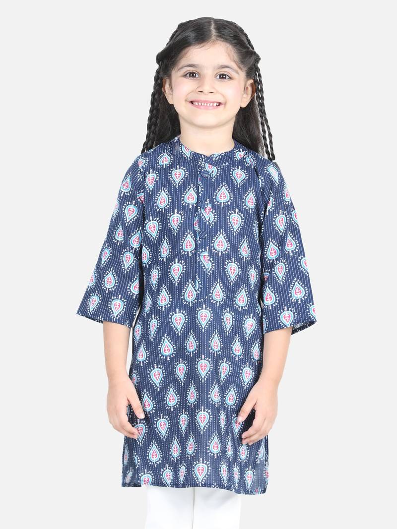 BownBee Block Print Cotton Kurta for Girls- Blue BownBee