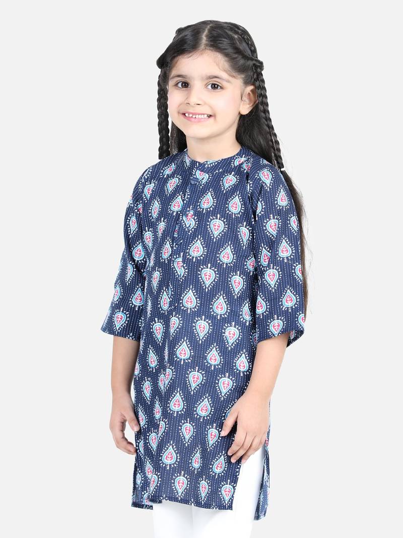 BownBee Block Print Cotton Kurta for Girls- Blue BownBee