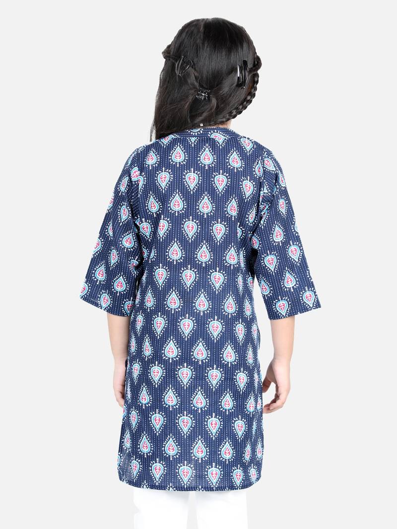 BownBee Block Print Cotton Kurta for Girls- Blue BownBee