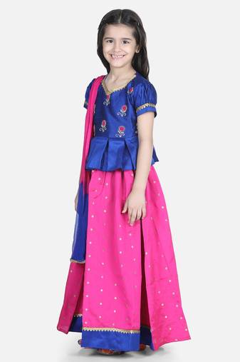 BownBee  Embroidered South Indian Pavda Pattu Lehenga- Blue