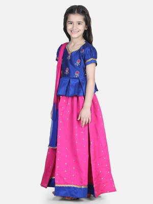 BownBee  Embroidered South Indian Pavda Pattu Lehenga- Blue 1