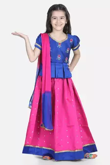 BownBee  Embroidered South Indian Pavda Pattu Lehenga- Blue