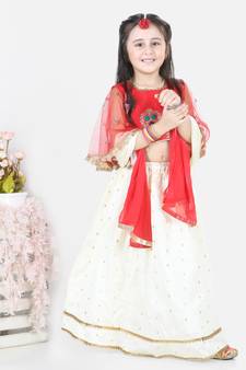 BownBee  Jacquard Flared Sleeve Top withSilk Blend Lehenga- Red