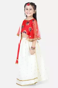 BownBee  Jacquard Flared Sleeve Top withSilk Blend Lehenga- Red