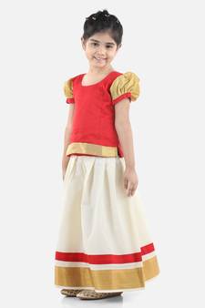 BownBee GirlsHalf Sleeve South Indian Pavda Pattu Lehenga- Red