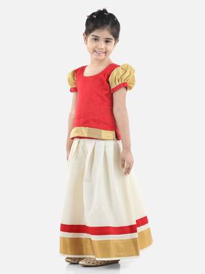 BownBee GirlsHalf Sleeve South Indian Pavda Pattu Lehenga- Red 1