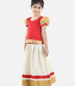 BownBee GirlsHalf Sleeve South Indian Pavda Pattu Lehenga- Red