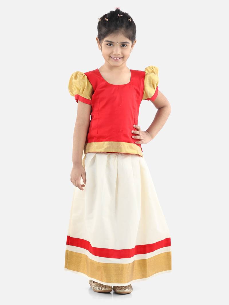 BownBee GirlsHalf Sleeve South Indian Pavda Pattu Lehenga- Red
