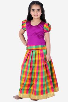 BownBee GirlsHalf Sleeve South Indian Pavda Pattu Lehenga- Purple