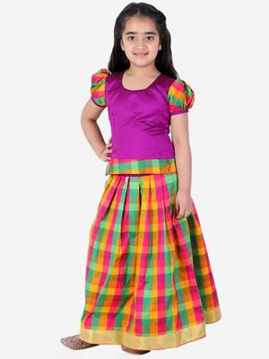 BownBee GirlsHalf Sleeve South Indian Pavda Pattu Lehenga- Purple 1