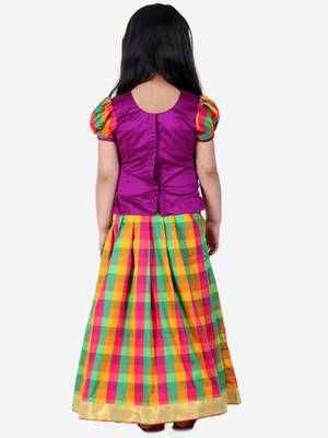 BownBee GirlsHalf Sleeve South Indian Pavda Pattu Lehenga- Purple 2