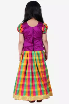 BownBee GirlsHalf Sleeve South Indian Pavda Pattu Lehenga- Purple