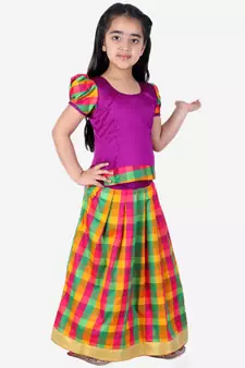 BownBee GirlsHalf Sleeve South Indian Pavda Pattu Lehenga- Purple