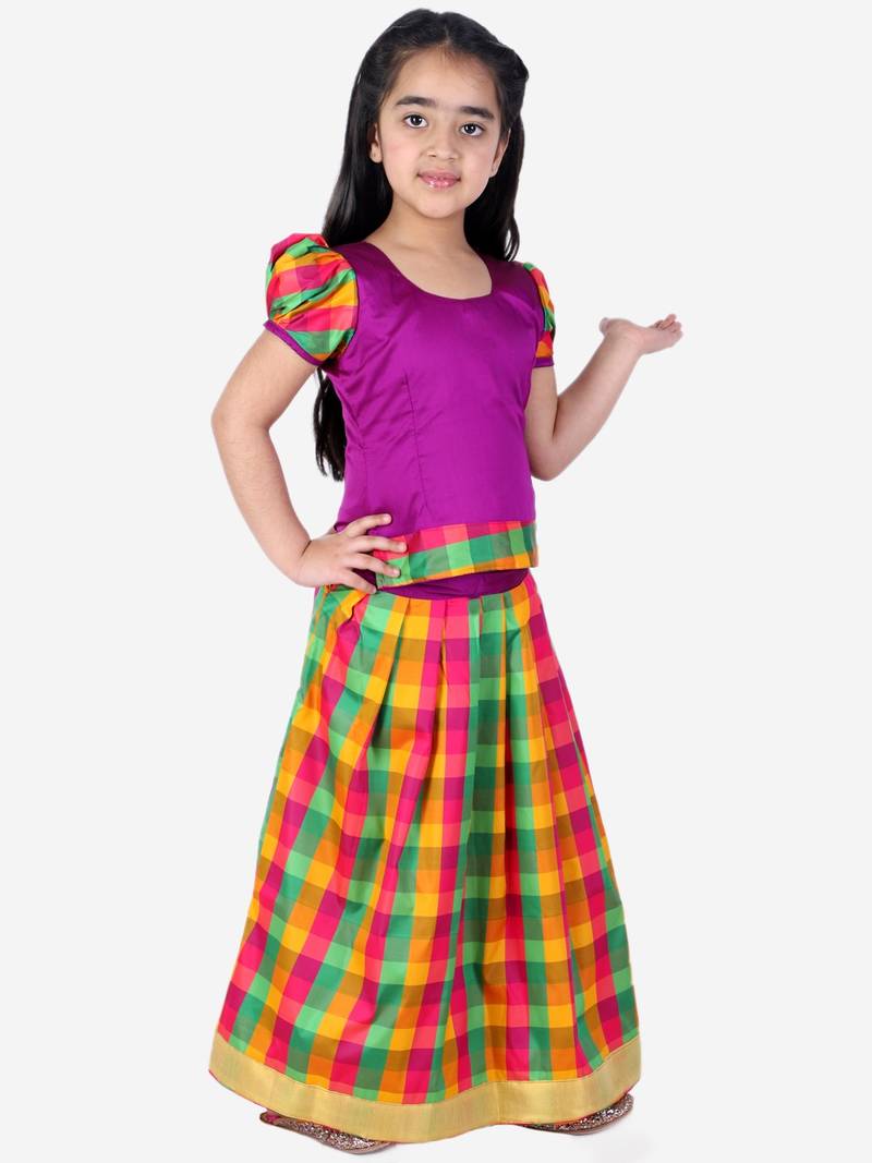 BownBee GirlsHalf Sleeve South Indian Pavda Pattu Lehenga- Purple