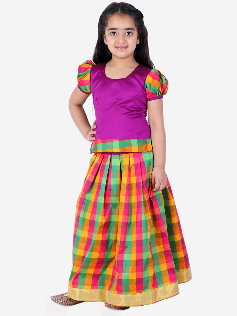 BownBee GirlsHalf Sleeve South Indian Pavda Pattu Lehenga- Purple