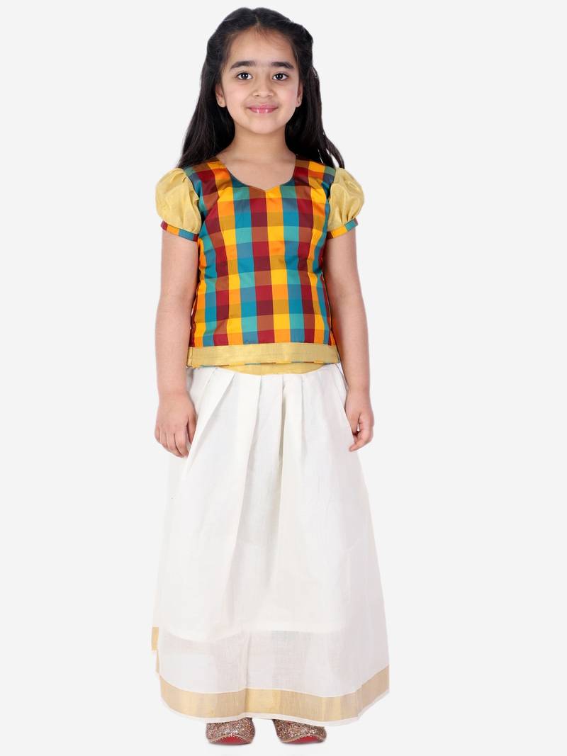BownBee GirlsHalf Sleeve South Indian Pavda Pattu Lehenga- Multi