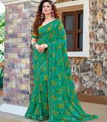Teal Printed Georgette Saree With Border