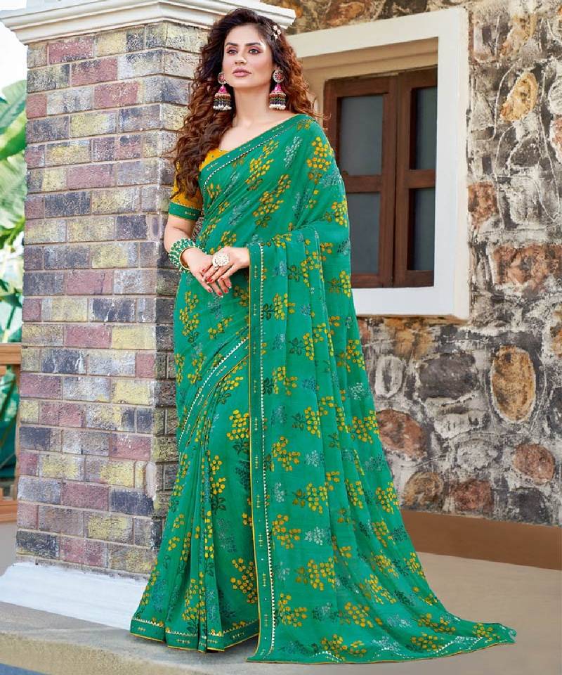 Teal Printed Georgette Saree With Border