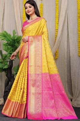 Yellow Woven Design Pure Silk Banarasi Saree With Blouse 1