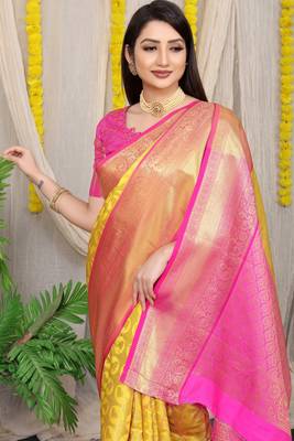 Yellow Woven Design Pure Silk Banarasi Saree With Blouse 3