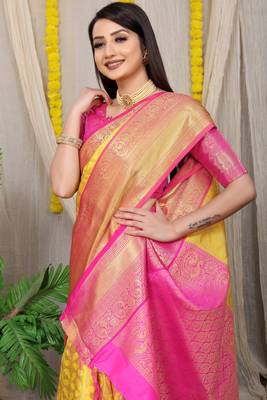 Yellow Woven Design Pure Silk Banarasi Saree With Blouse 4