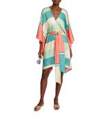 JSDC V-Neck Style Modern Silk Printed Belt Style Short Beach Wear Kaftan (Free Size)