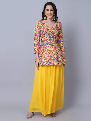 Yellow Floral Peplum Kurti with Gathered Palazzo 1