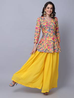 Yellow Floral Peplum Kurti with Gathered Palazzo 2