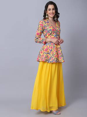Yellow Floral Peplum Kurti with Gathered Palazzo 3
