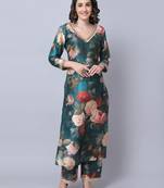 Pine Green Floral Printed Silk Kurti with Straight Pants