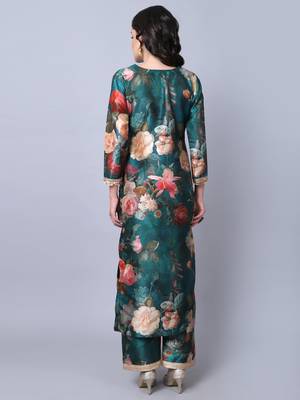 Pine Green Floral Printed Silk Kurti with Straight Pants 2