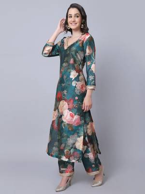 Pine Green Floral Printed Silk Kurti with Straight Pants 3