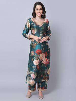 Pine Green Floral Printed Silk Kurti with Straight Pants and Dupatta 2