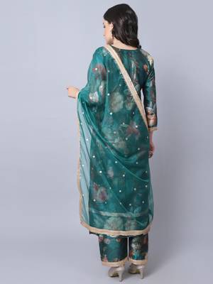 Pine Green Floral Printed Silk Kurti with Straight Pants and Dupatta 3