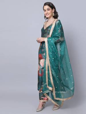 Pine Green Floral Printed Silk Kurti with Straight Pants and Dupatta 1
