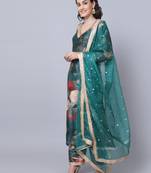Pine Green Floral Printed Silk Kurti with Straight Pants and Dupatta