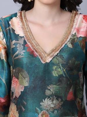 Pine Green Floral Printed Silk Kurti with Straight Pants and Dupatta 4