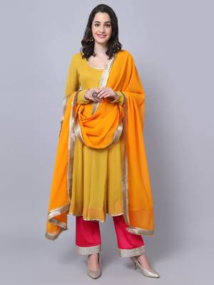 Dusty Yellow Anarkali with Mirror Pants and Fringed Dupatta 1