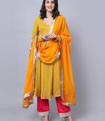 Dusty Yellow Anarkali with Mirror Pants and Fringed Dupatta