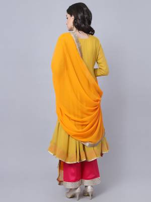 Dusty Yellow Anarkali with Mirror Pants and Fringed Dupatta 2