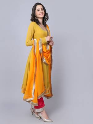Dusty Yellow Anarkali with Mirror Pants and Fringed Dupatta 3