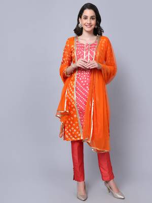 Festive Orange Pink Bandhani Kurti with Straight Pants and Dupatta 1