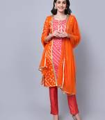 Festive Orange Pink Bandhani Kurti with Straight Pants and Dupatta