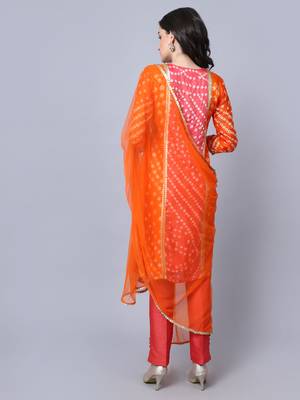 Festive Orange Pink Bandhani Kurti with Straight Pants and Dupatta 2
