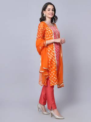 Festive Orange Pink Bandhani Kurti with Straight Pants and Dupatta 3